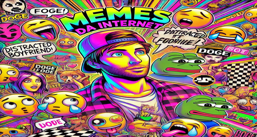 Um jovem de boné com várias cores vibrantes ao fundo e uma mensagem: memes da internet 